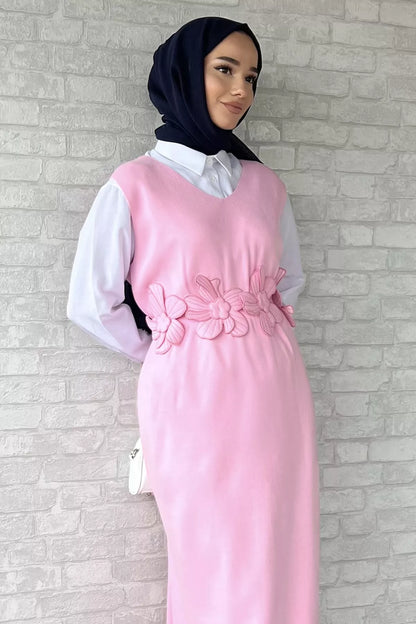 Gül Figürlü Triko Elbise Gömlek Tesettür İkili Takım