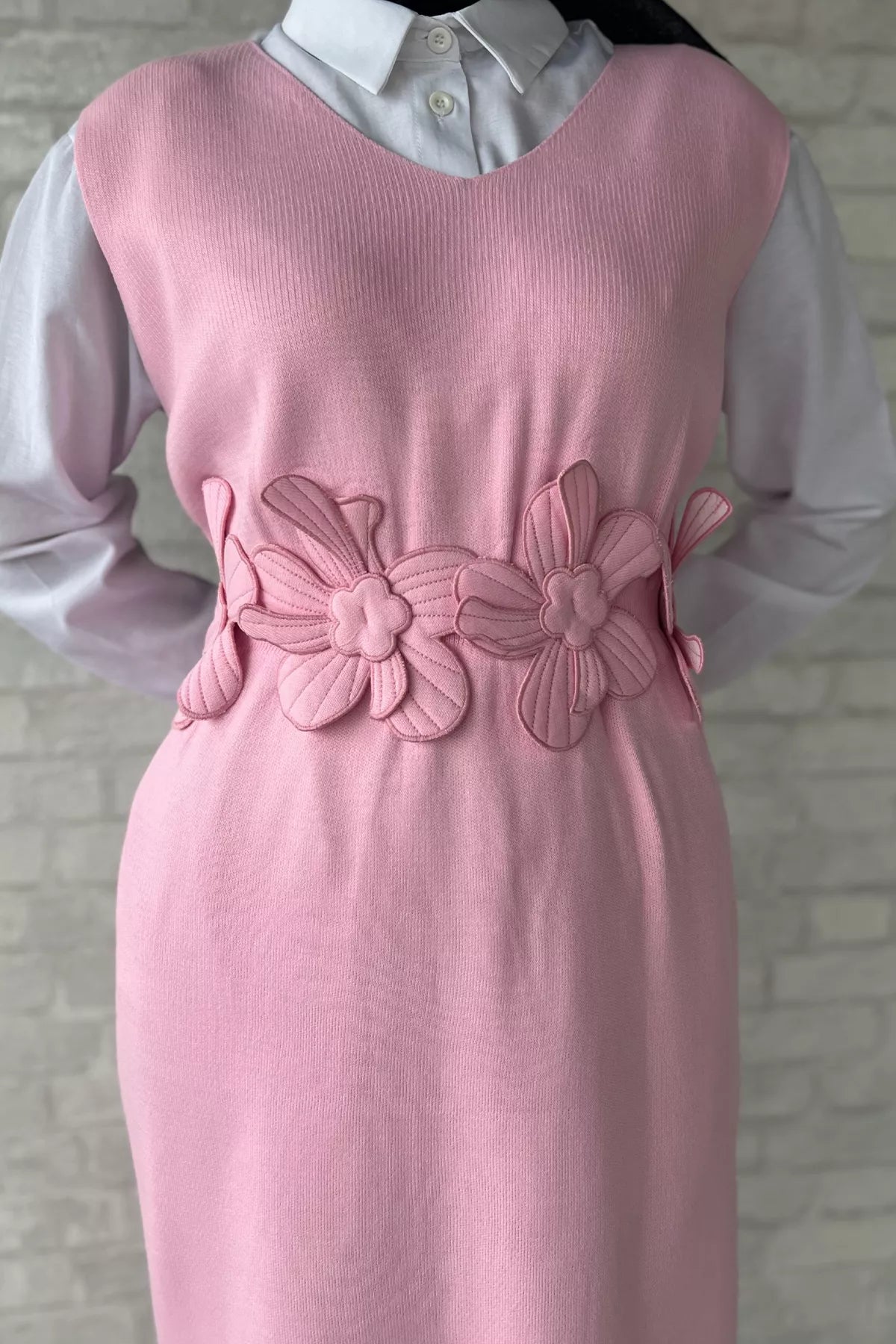 Gül Figürlü Triko Elbise Gömlek Tesettür İkili Takım