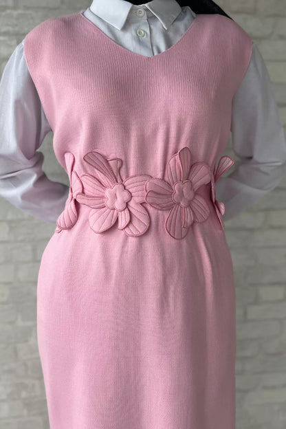 Gül Figürlü Triko Elbise Gömlek Tesettür İkili Takım