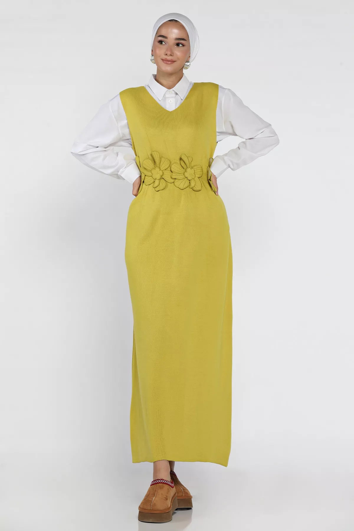 Gül Figürlü Triko Elbise Gömlek Tesettür İkili Takım