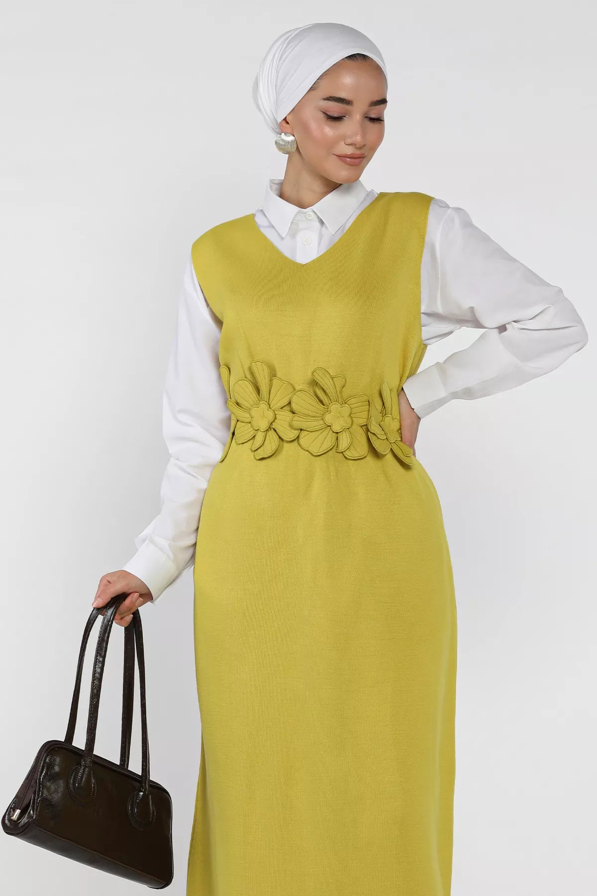 Gül Figürlü Triko Elbise Gömlek Tesettür İkili Takım