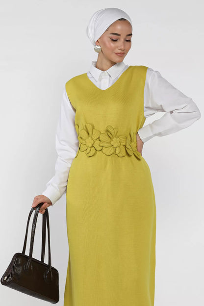 Gül Figürlü Triko Elbise Gömlek Tesettür İkili Takım