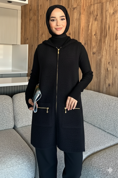 Kolsuz Fermuarlı Yumoş Tesettür Triko Yelek