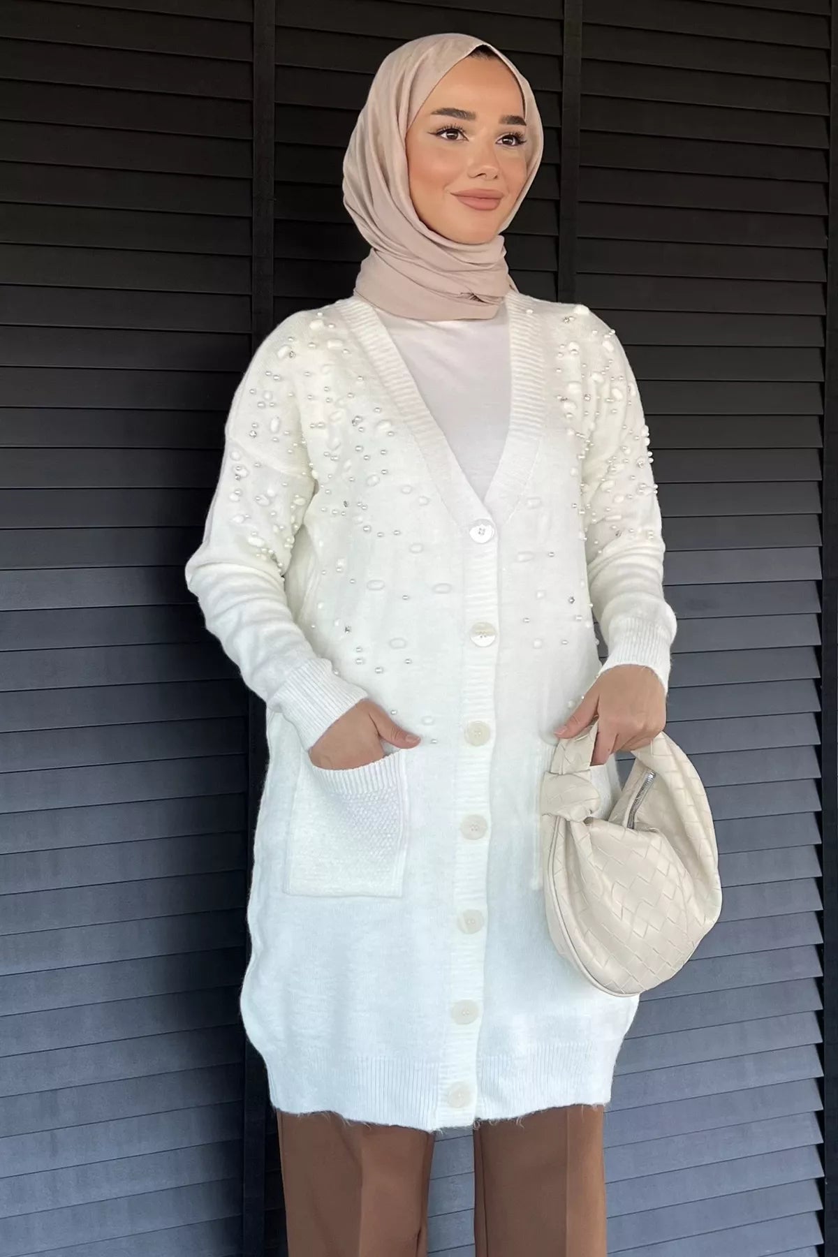 İnci Detaylı Tesettür Triko Hırka