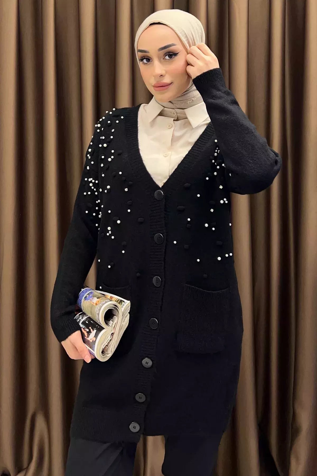 İnci Detaylı Tesettür Triko Hırka