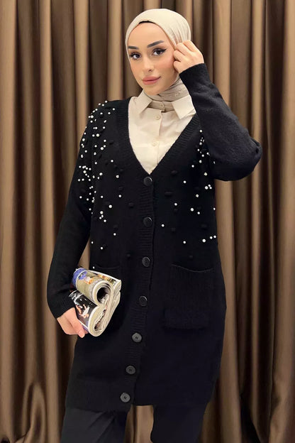 İnci Detaylı Tesettür Triko Hırka