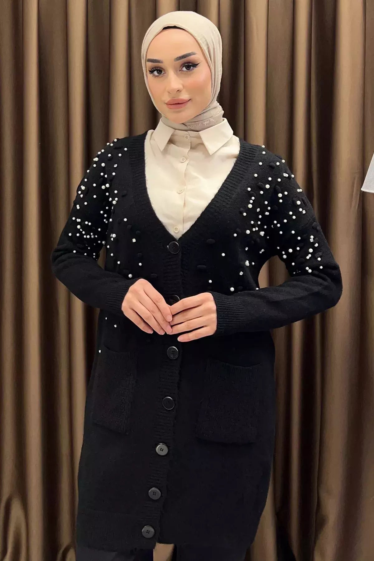 İnci Detaylı Tesettür Triko Hırka