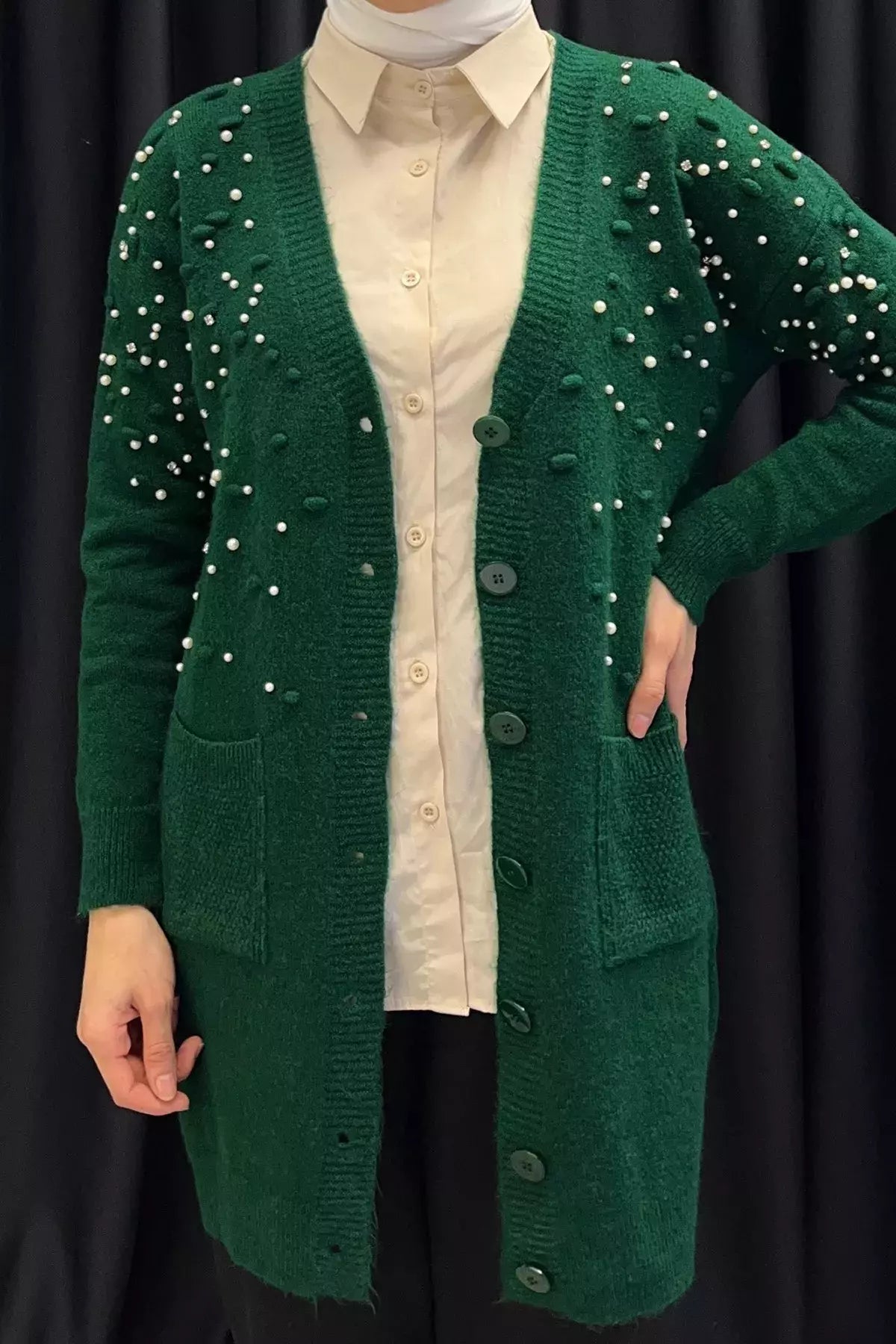 İnci Detaylı Tesettür Triko Hırka