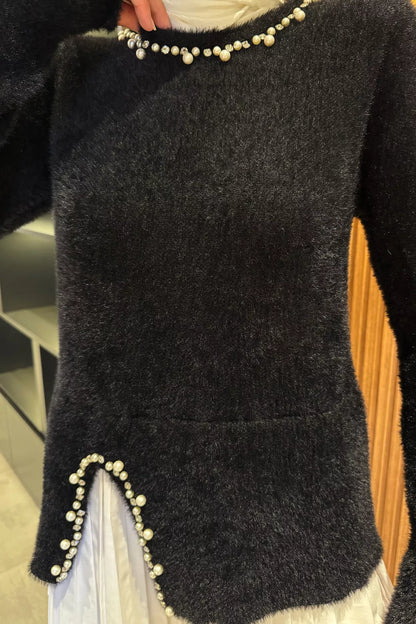 İnci Ve Taş İşlemeli Garnili Yumoş Tesettür Triko Kazak