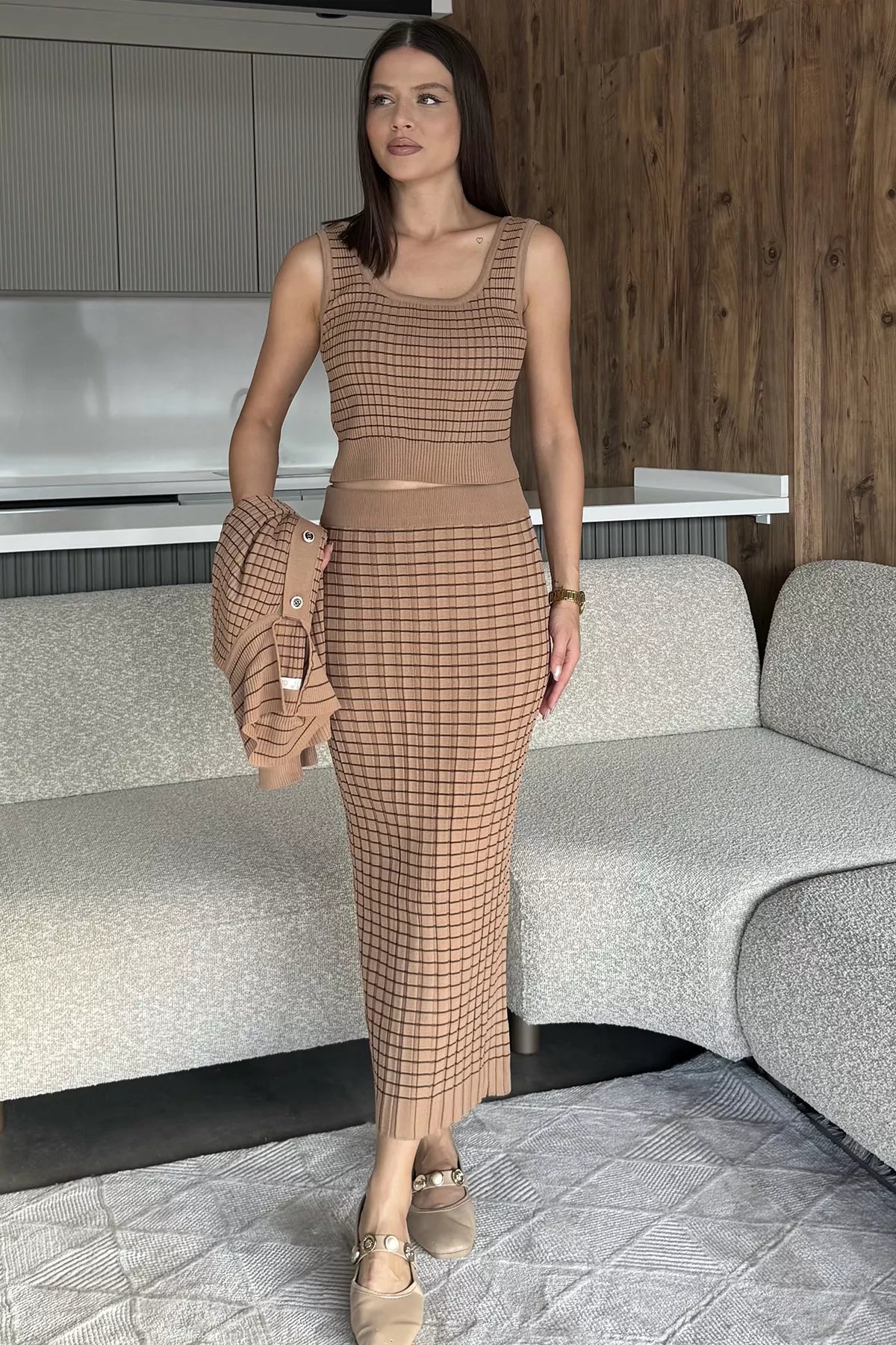 Kadın Çizgili Crop Bluz Kazak Etek Triko Üçlü Takım