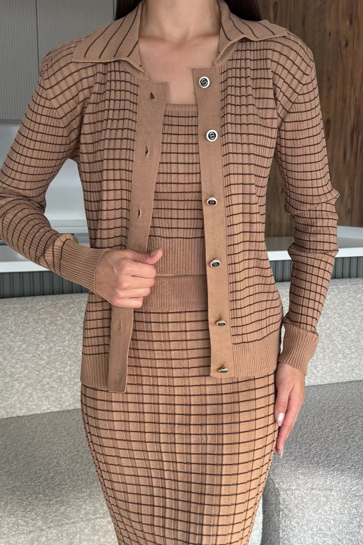 Kadın Çizgili Crop Bluz Kazak Etek Triko Üçlü Takım