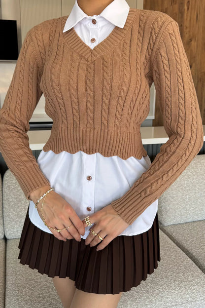 Kadın Gömlek Garnili Örgü Detaylı Triko Bluz