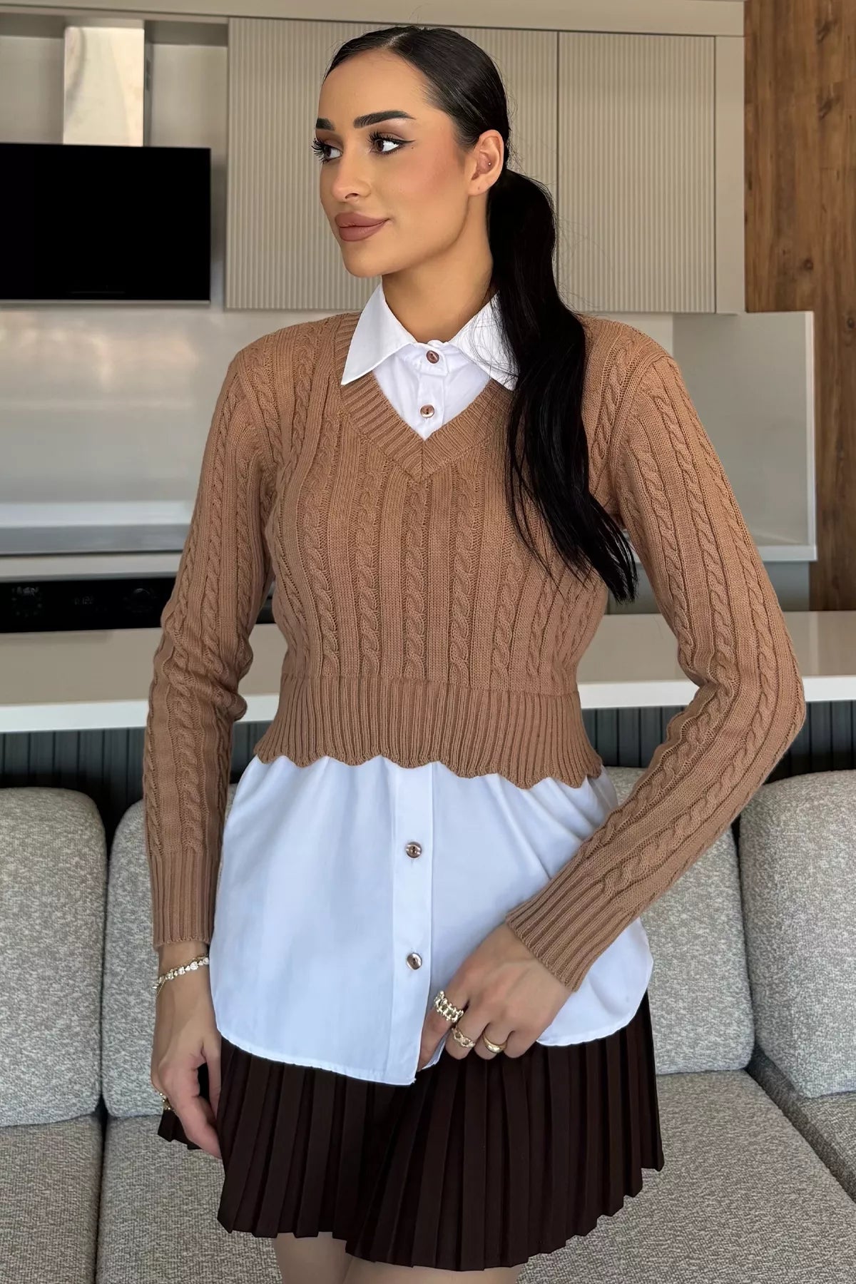 Kadın Gömlek Garnili Örgü Detaylı Triko Bluz