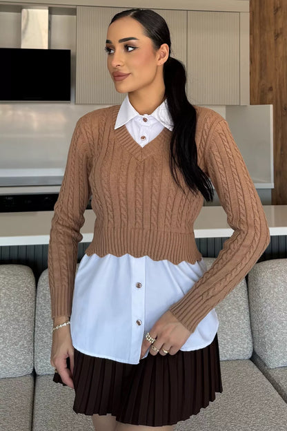 Kadın Gömlek Garnili Örgü Detaylı Triko Bluz