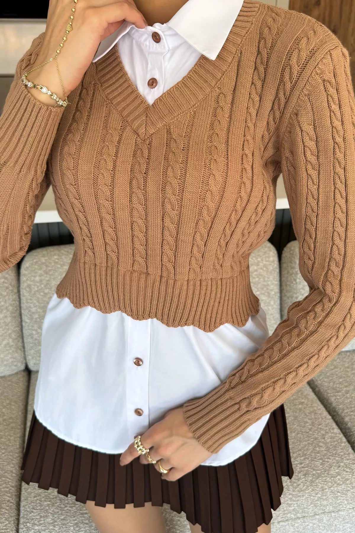 Kadın Gömlek Garnili Örgü Detaylı Triko Bluz