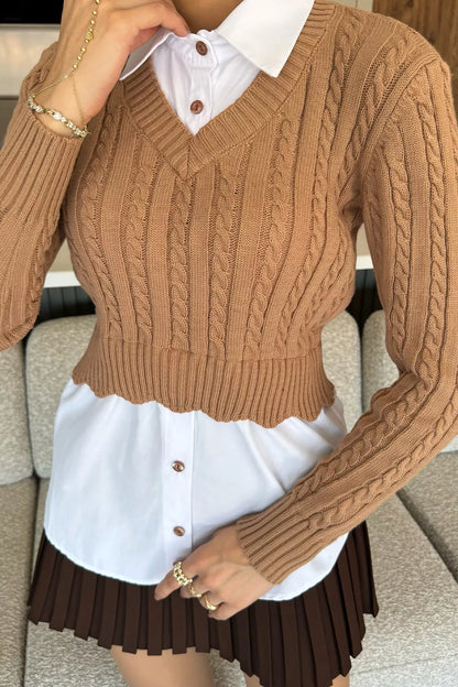 Kadın Gömlek Garnili Örgü Detaylı Triko Bluz