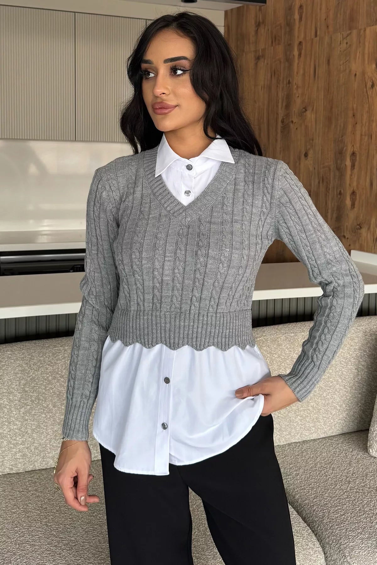 Kadın Gömlek Garnili Örgü Detaylı Triko Bluz
