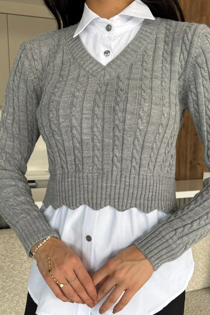 Kadın Gömlek Garnili Örgü Detaylı Triko Bluz