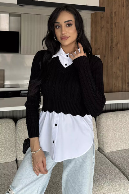 Kadın Gömlek Garnili Örgü Detaylı Triko Bluz
