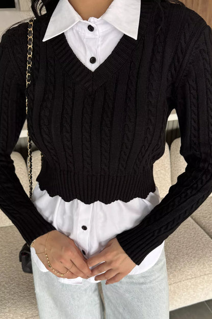 Kadın Gömlek Garnili Örgü Detaylı Triko Bluz