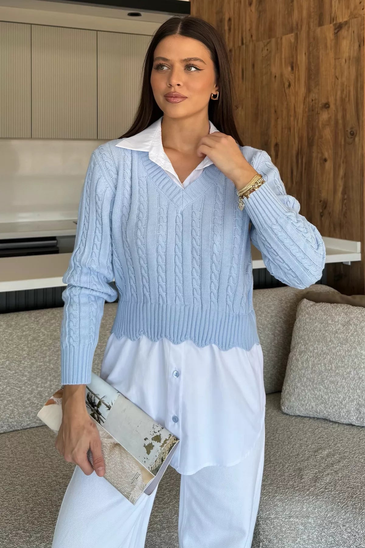 Kadın Gömlek Garnili Örgü Detaylı Triko Bluz