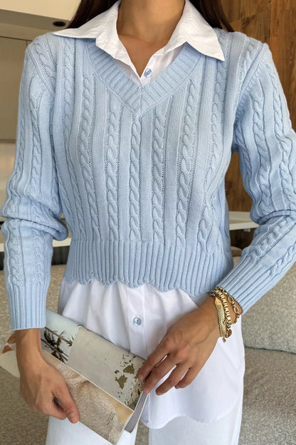 Kadın Gömlek Garnili Örgü Detaylı Triko Bluz