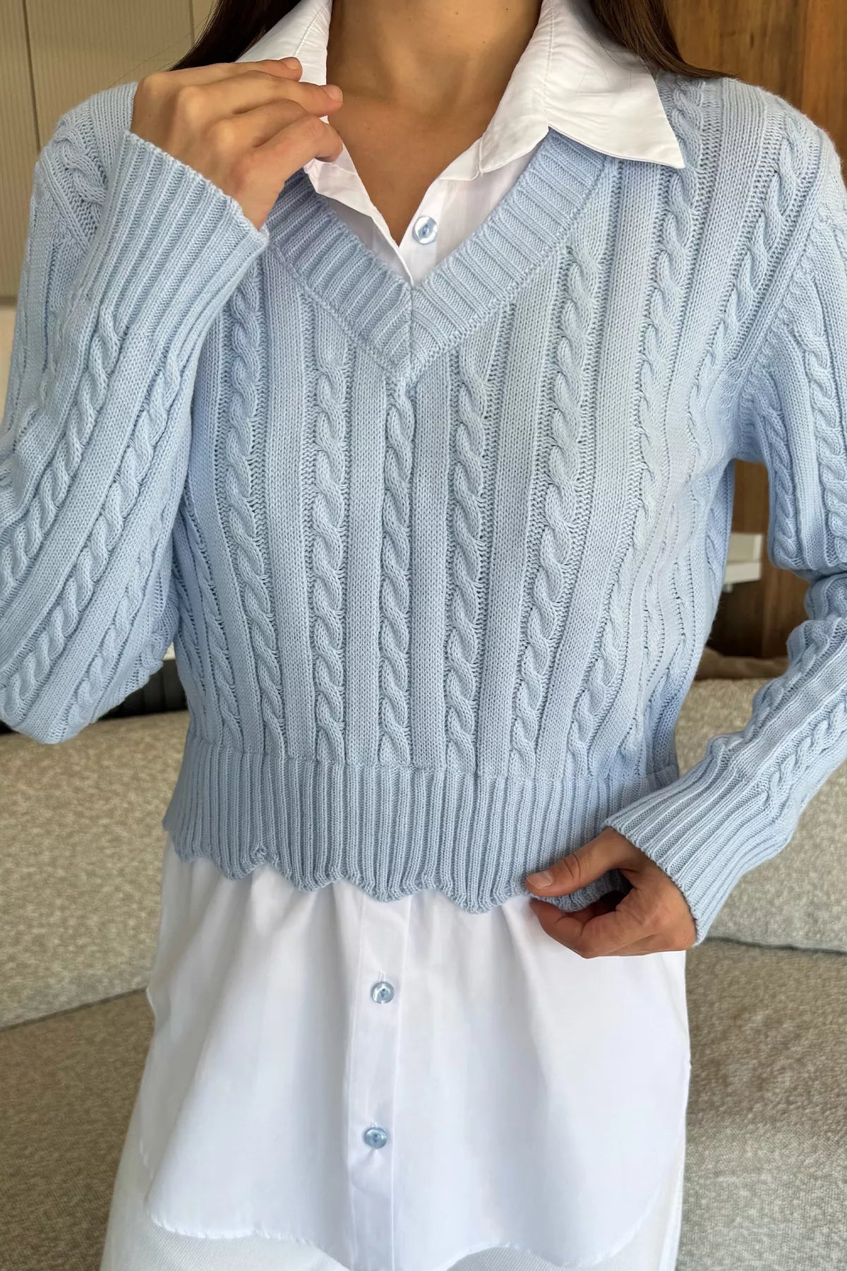 Kadın Gömlek Garnili Örgü Detaylı Triko Bluz