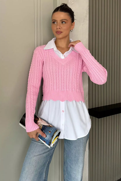 Kadın Gömlek Garnili Örgü Detaylı Triko Bluz