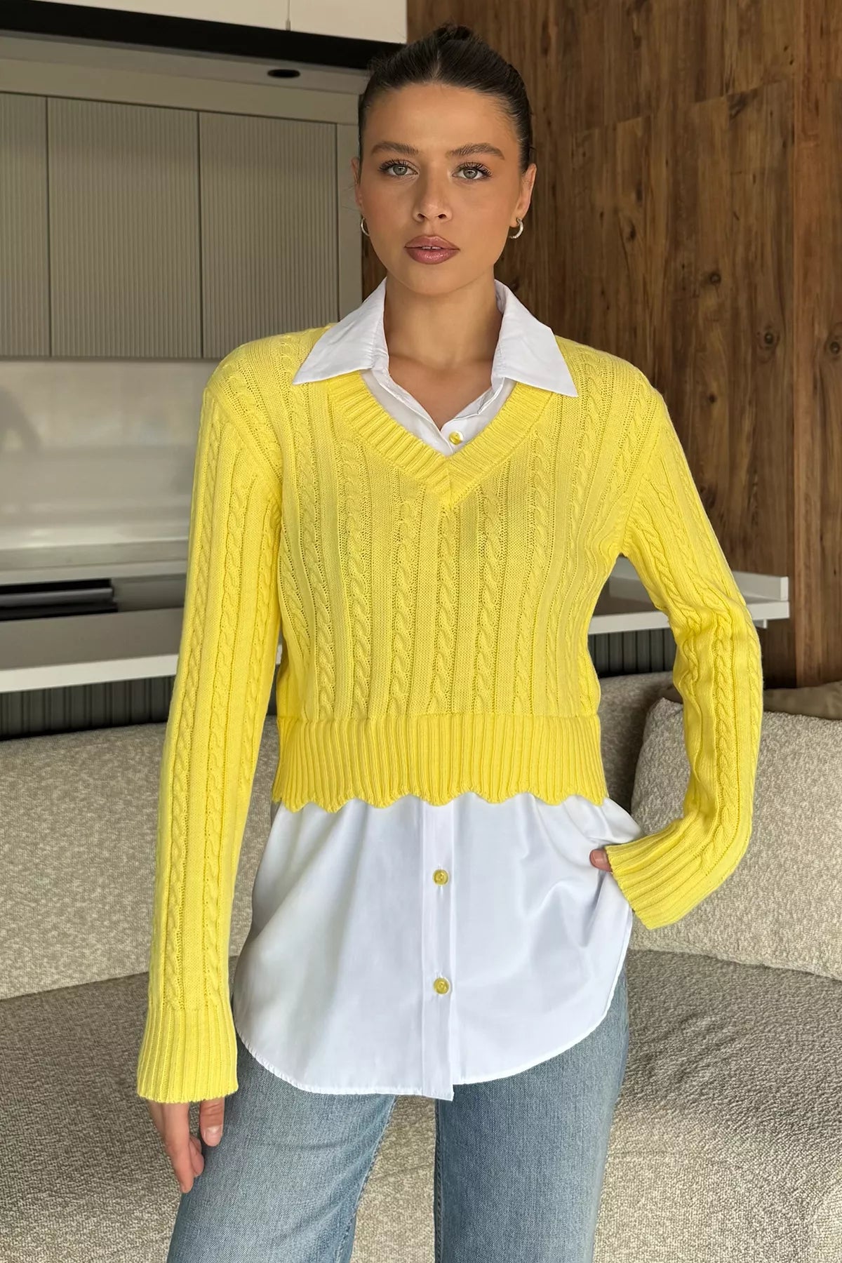 Kadın Gömlek Garnili Örgü Detaylı Triko Bluz