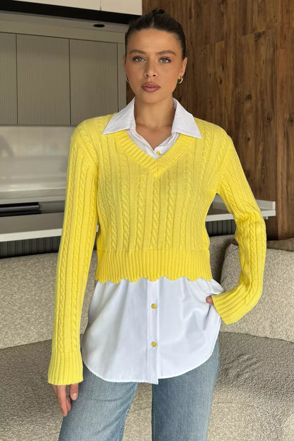 Kadın Gömlek Garnili Örgü Detaylı Triko Bluz