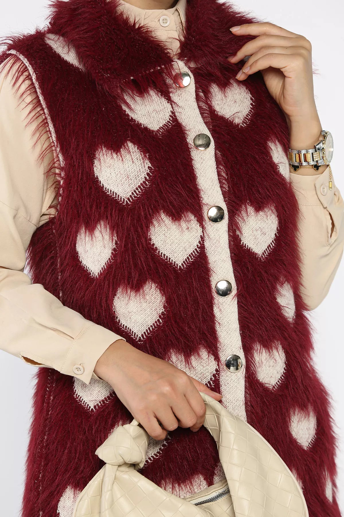 Kadın Kalpli Sakallı Triko Yelek