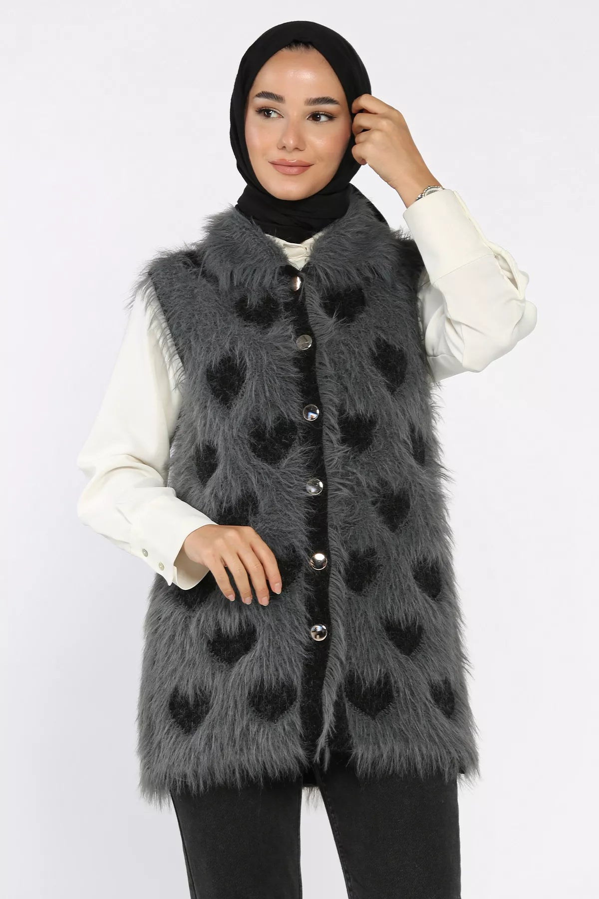 Kadın Kalpli Sakallı Triko Yelek