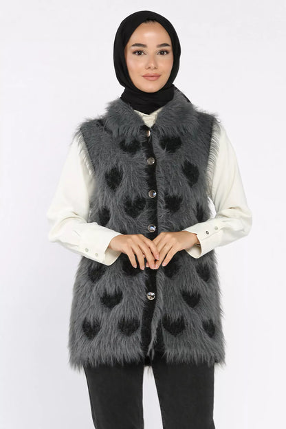 Kadın Kalpli Sakallı Triko Yelek