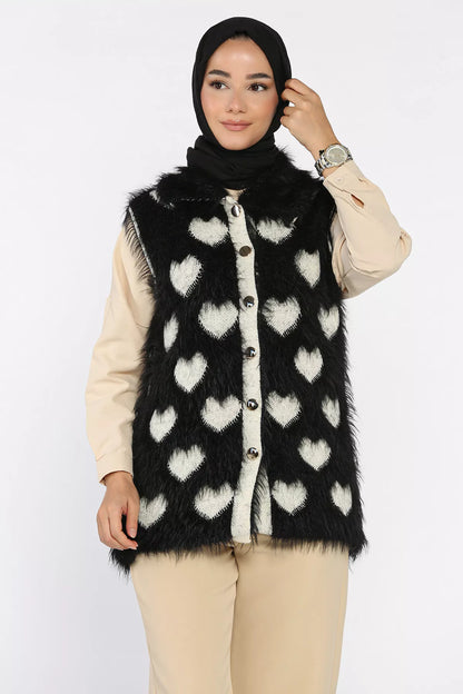 Kadın Kalpli Sakallı Triko Yelek