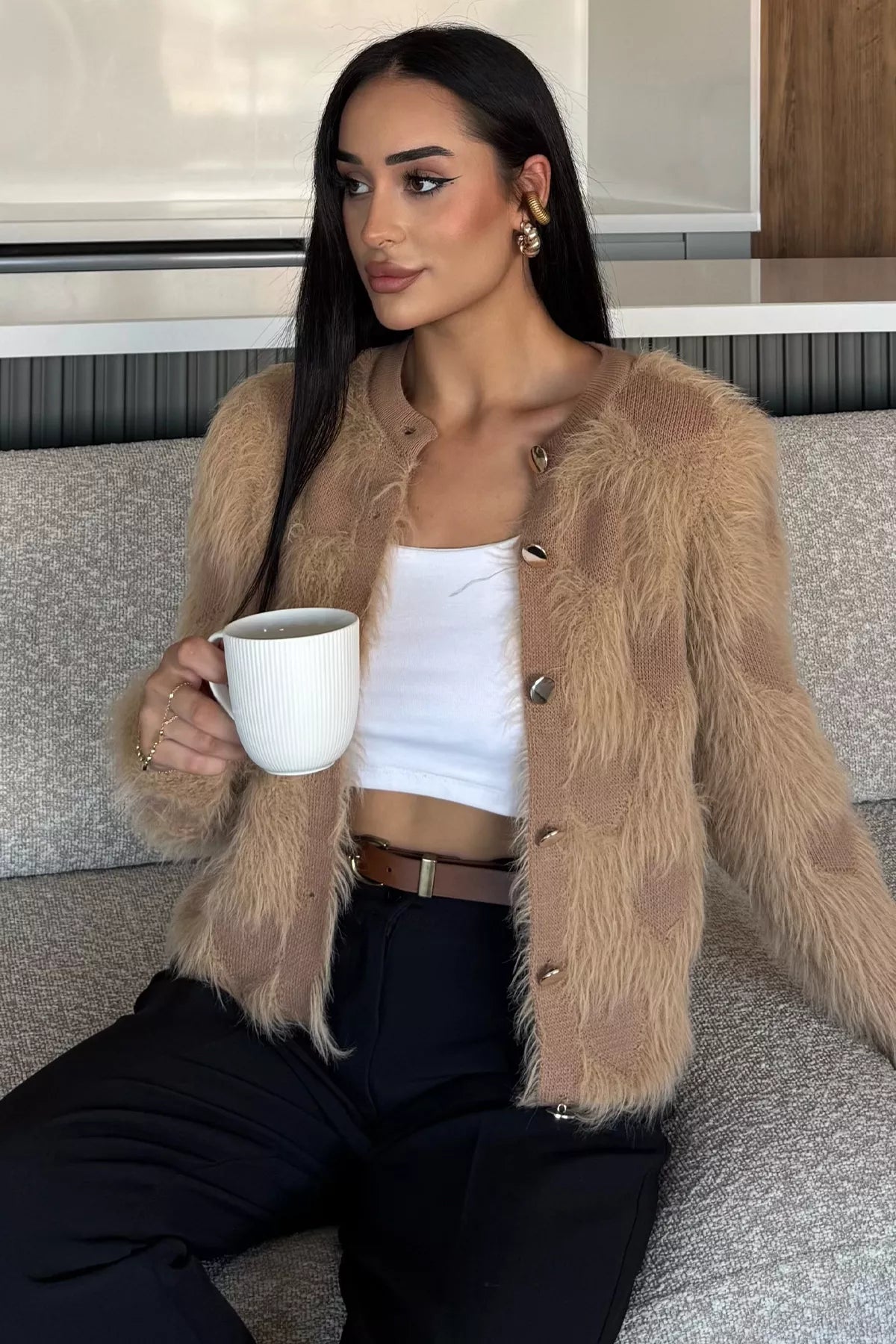 Kadın Ön Düğmeli Sakallı Triko Ceket