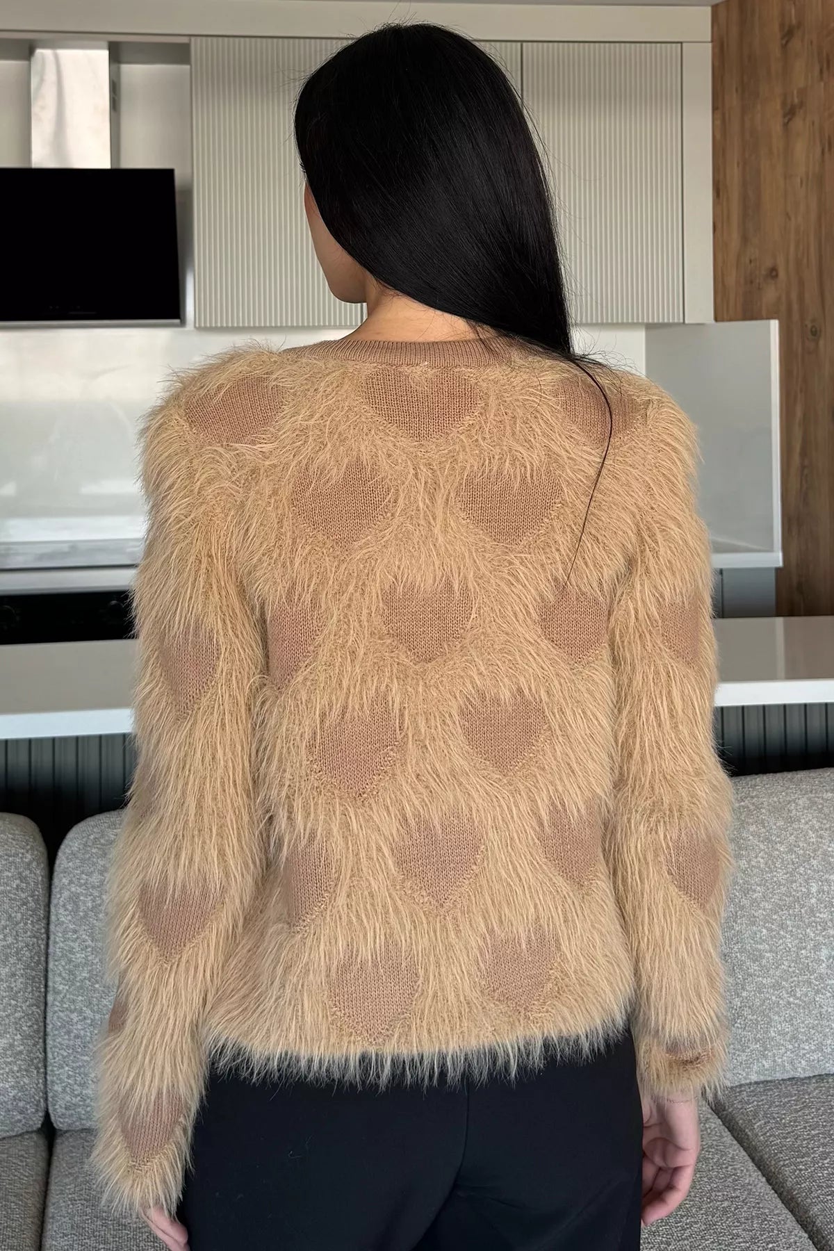 Kadın Ön Düğmeli Sakallı Triko Ceket