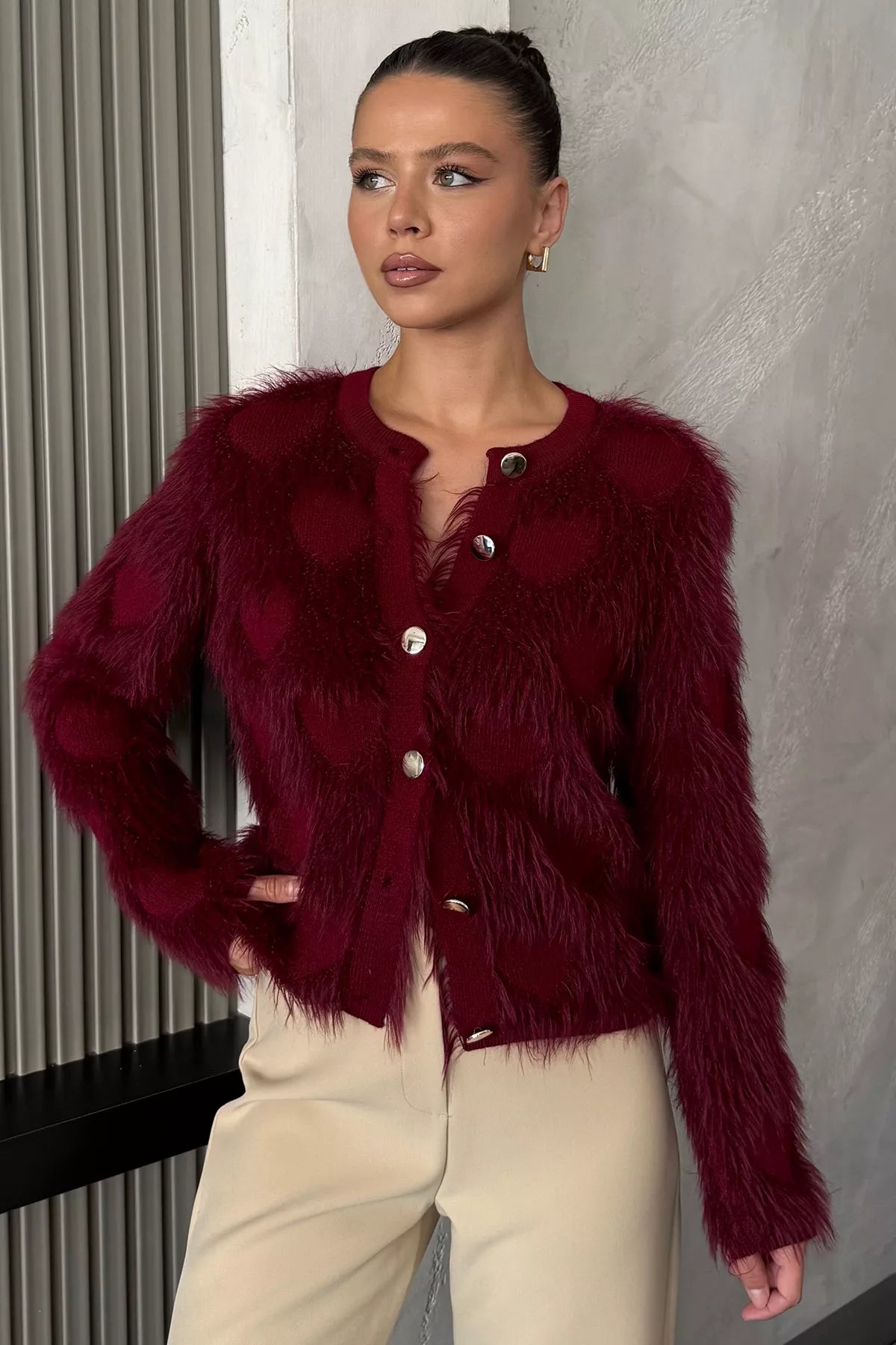 Kadın Ön Düğmeli Sakallı Triko Ceket