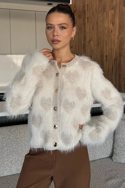 Kadın Ön Düğmeli Sakallı Triko Ceket