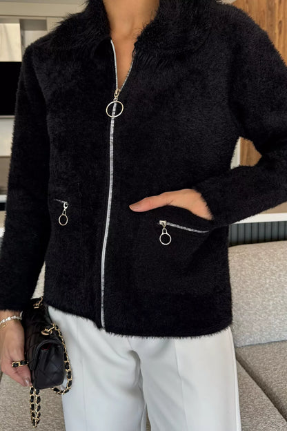 Kadın Peluş Yaka Çift Cepli Yumoş Triko Ceket