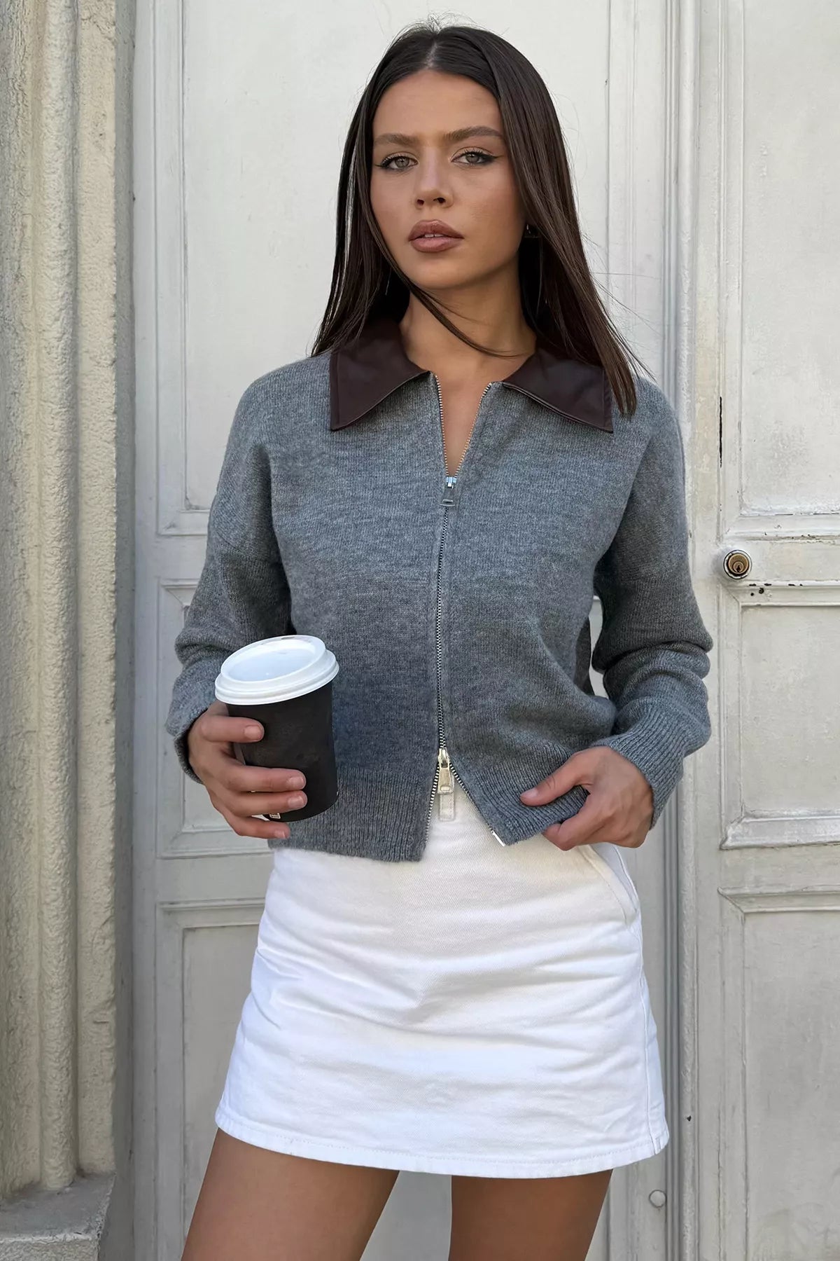 Kadın Polo Yaka Deri Garnili Fermuarlı Triko Hırka