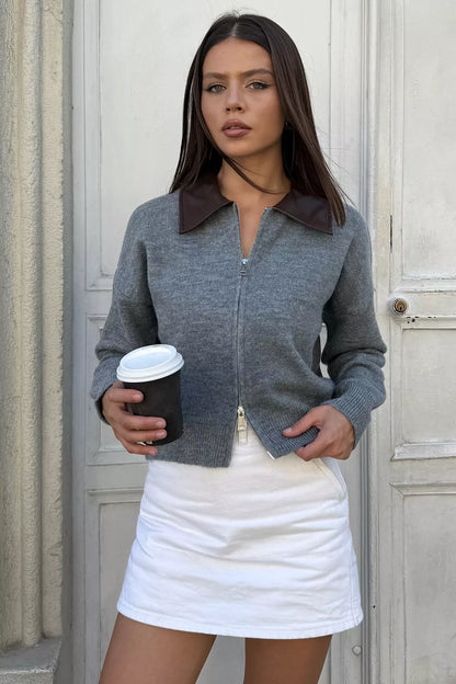 Kadın Polo Yaka Deri Garnili Fermuarlı Triko Hırka