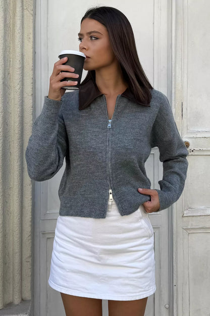 Kadın Polo Yaka Deri Garnili Fermuarlı Triko Hırka