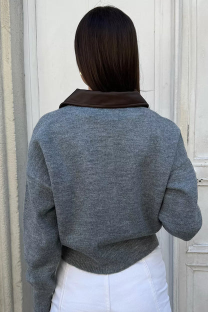 Kadın Polo Yaka Deri Garnili Fermuarlı Triko Hırka