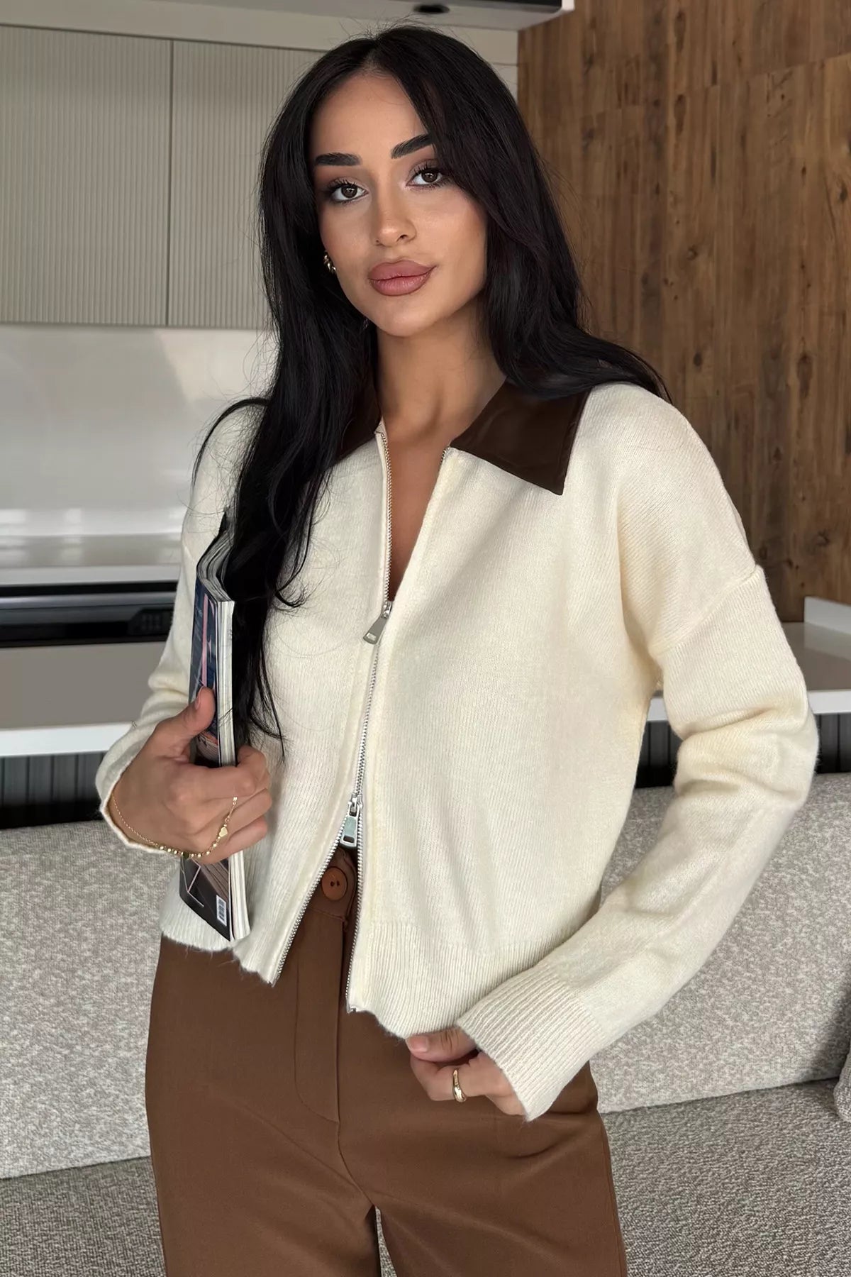 Kadın Polo Yaka Deri Garnili Fermuarlı Triko Hırka