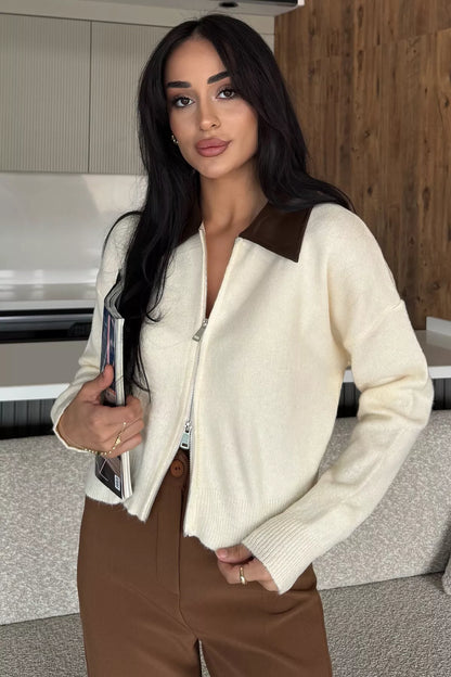 Kadın Polo Yaka Deri Garnili Fermuarlı Triko Hırka