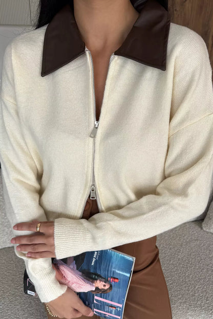 Kadın Polo Yaka Deri Garnili Fermuarlı Triko Hırka