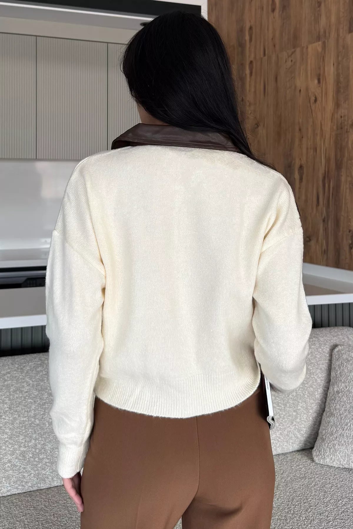 Kadın Polo Yaka Deri Garnili Fermuarlı Triko Hırka