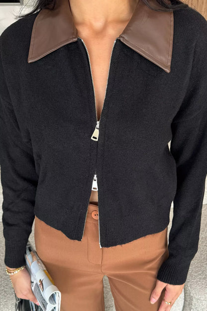 Kadın Polo Yaka Deri Garnili Fermuarlı Triko Hırka