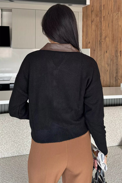 Kadın Polo Yaka Deri Garnili Fermuarlı Triko Hırka