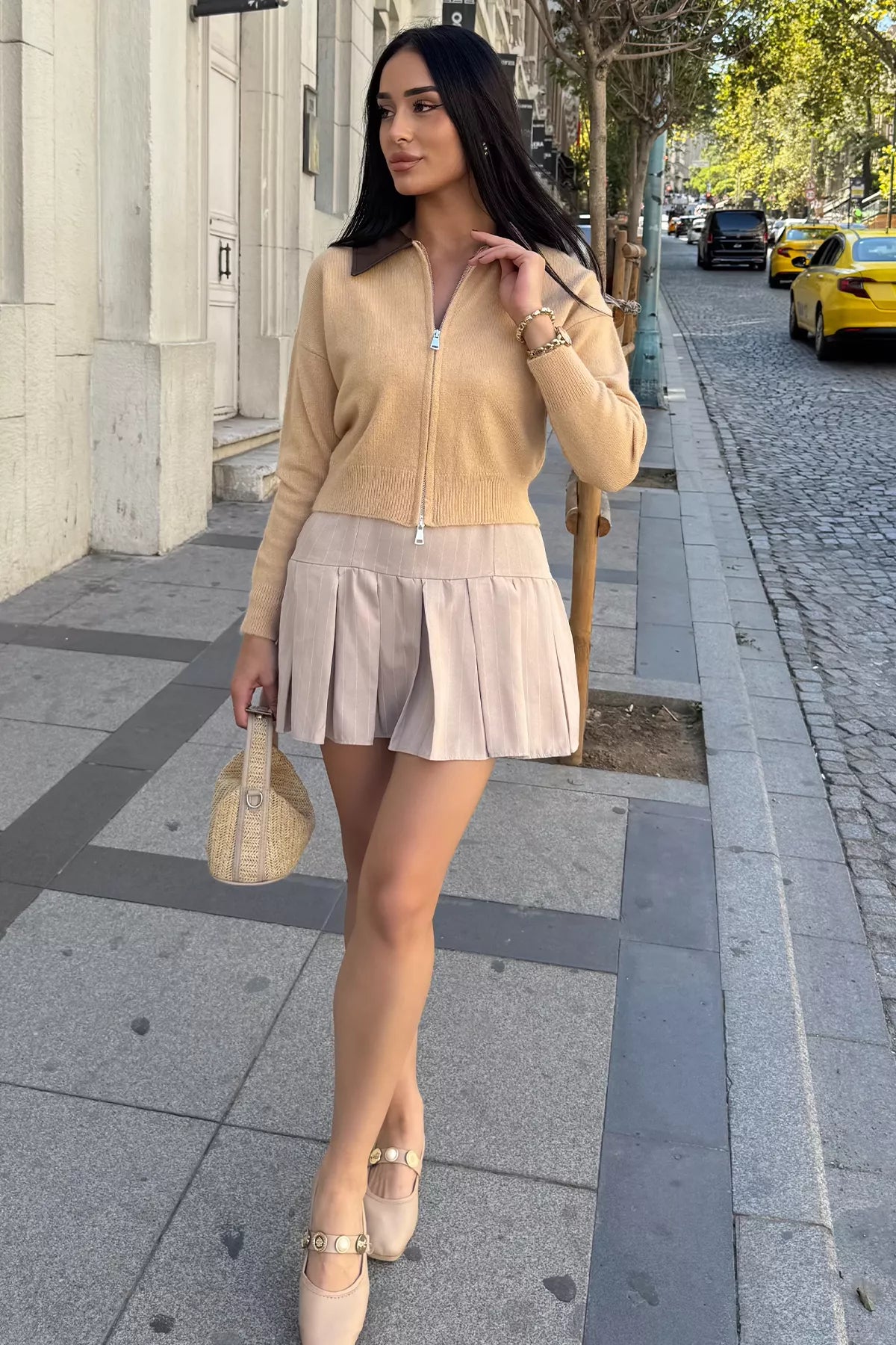 Kadın Polo Yaka Deri Garnili Fermuarlı Triko Hırka